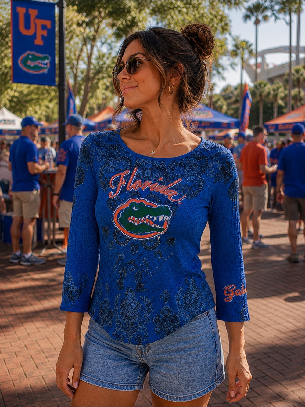 Vintage Florida Gators Rhinestone Paisley Y2K 3/4 Sleeve Boat Neck Top NCAA